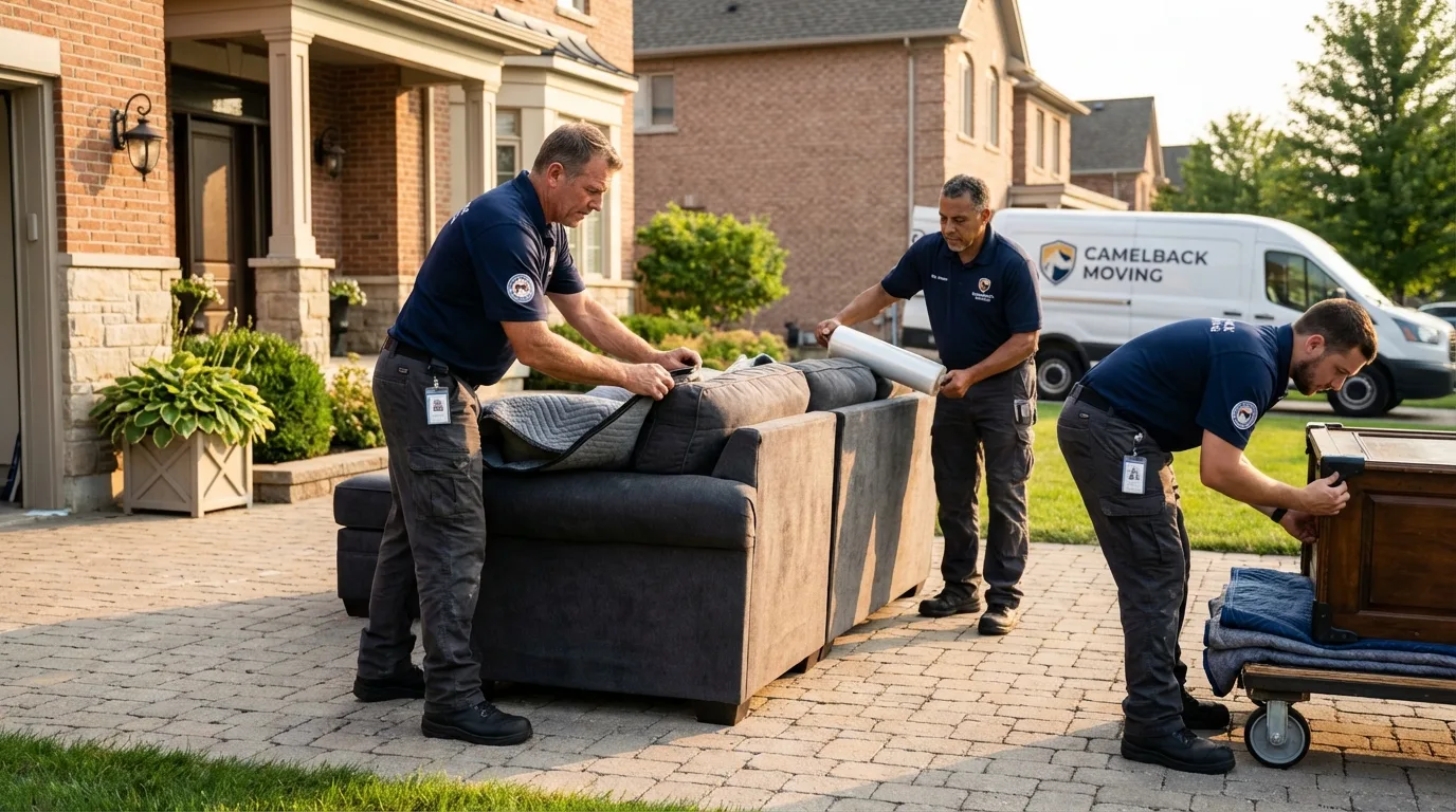 Large estate moving crew wrapping furniture in Bellerose, NY