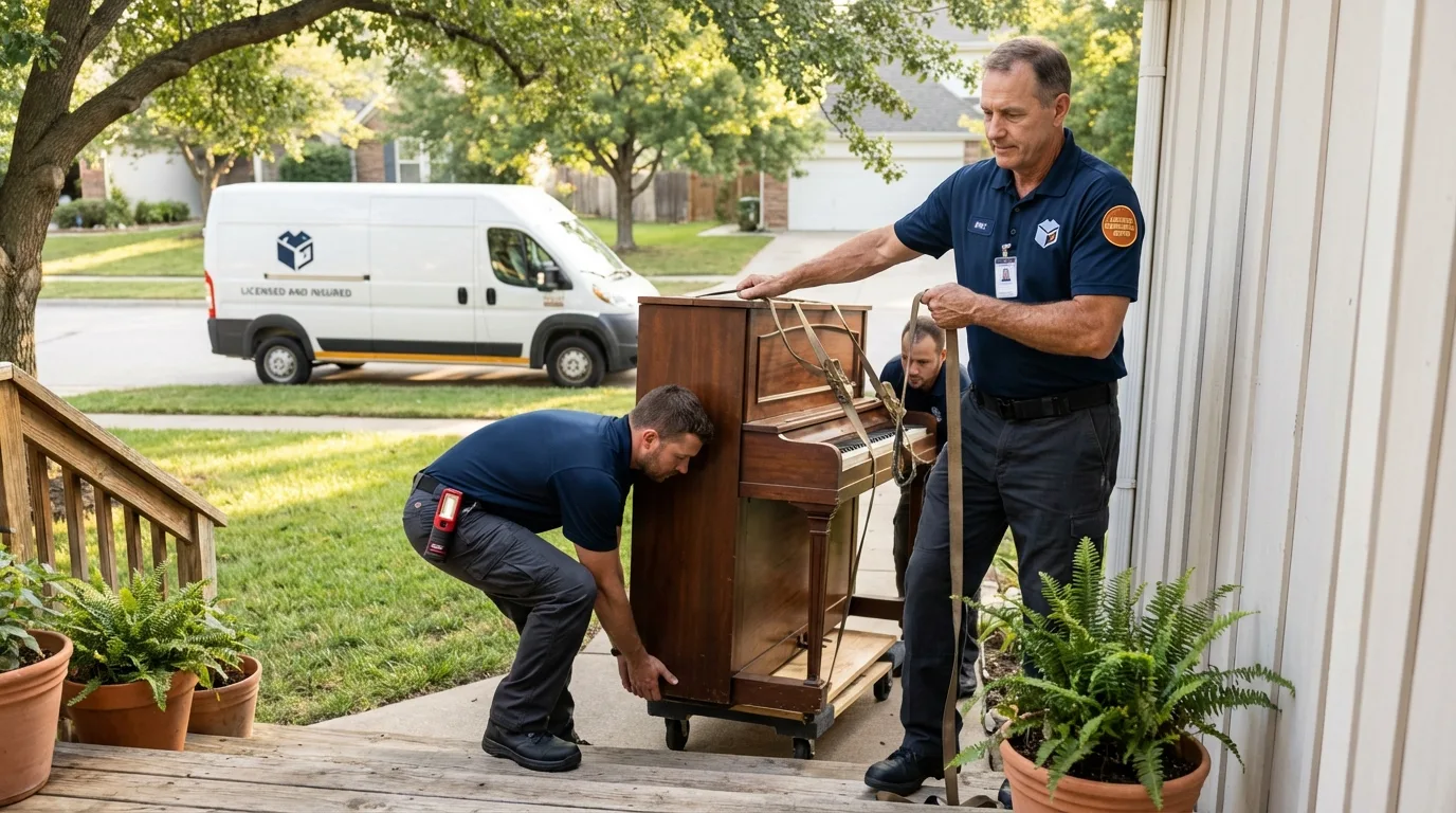 Licensed piano movers securing grand piano in Bellerose, NY