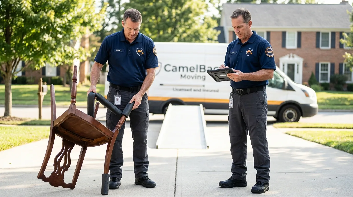 Movers inspecting furniture for damage prevention before loading in Bellerose, NY