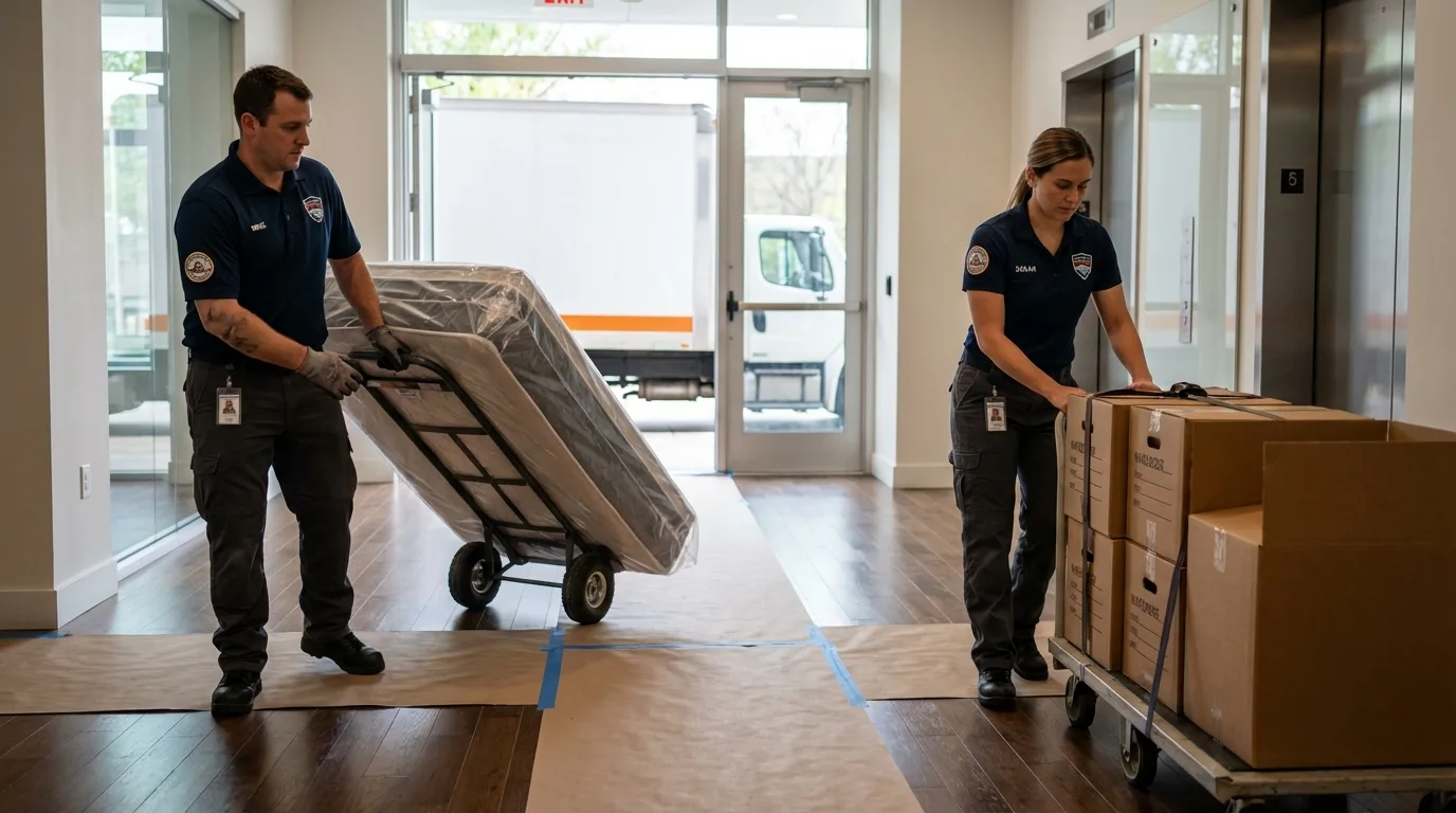 Professional apartment movers loading elevator in Bellerose, NY